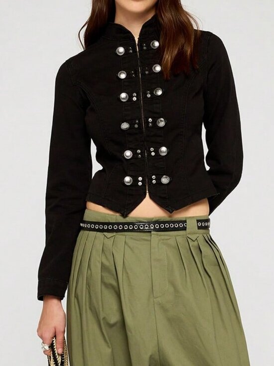 MODA ME COUTURE Jackets & Blazers - Black Casual Women's Dark Wash Denim Military Fitted Jacket